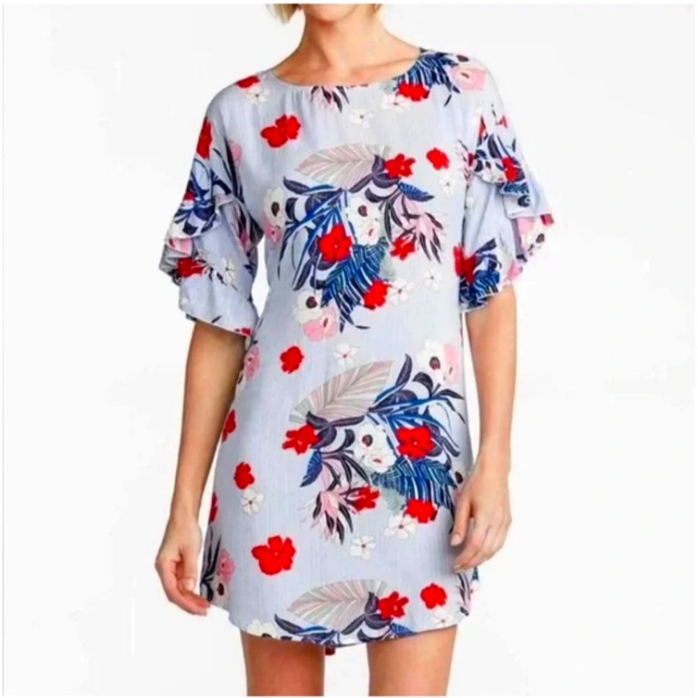 COCO+CARMEN BRAND ABSTRACT FLORAL RUFFLED BELL SLEEVE MINI DRESS size L/XL